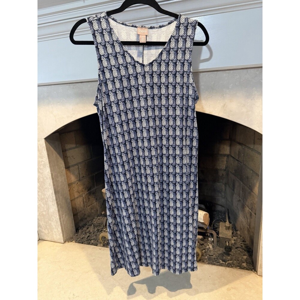 Chico’s Sleeveless V Neck Dress With Blue And White Pineapples Size Large